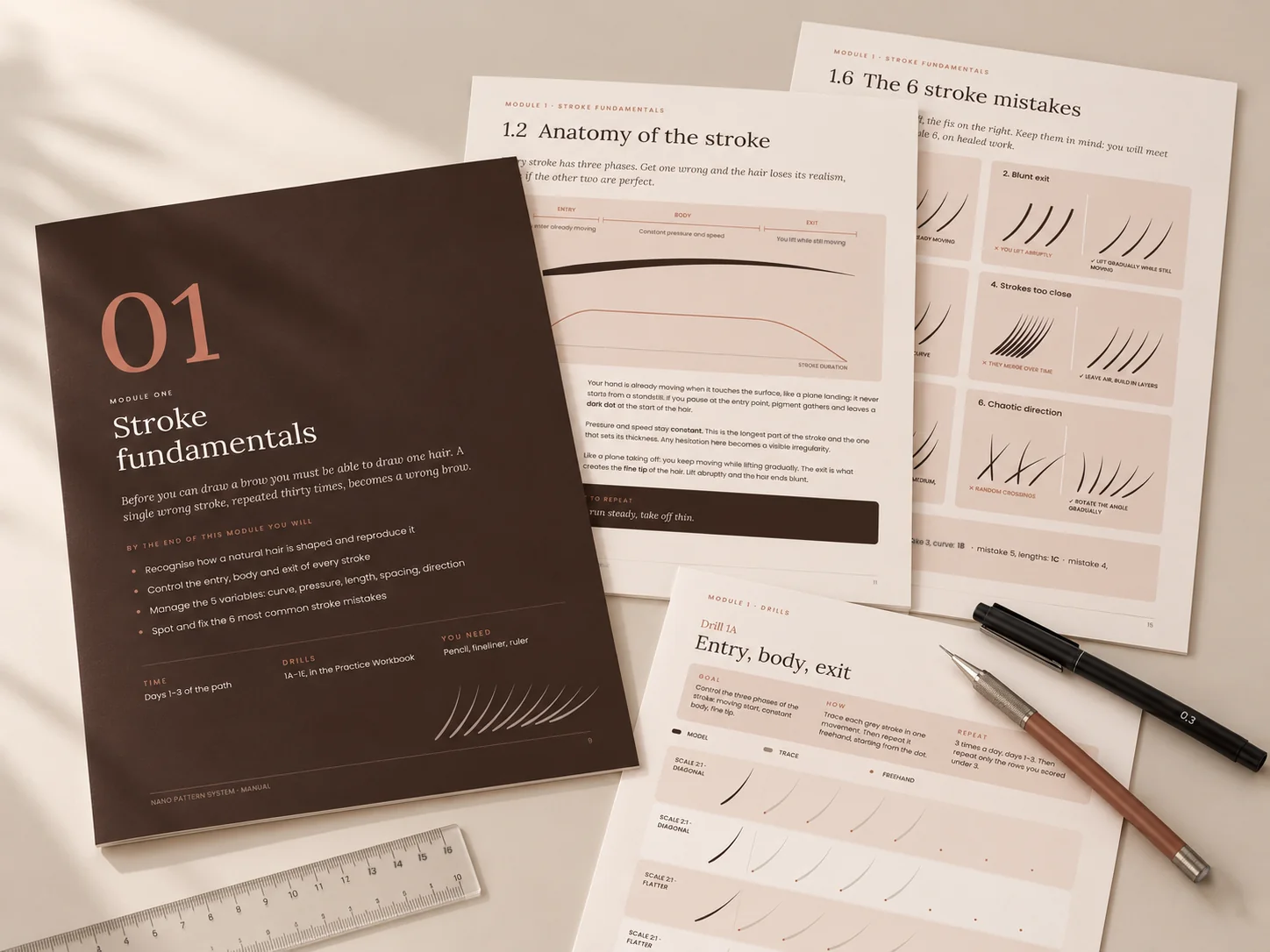 Module 1 of the manual: the anatomy of the stroke, the six mistakes and drill 1A