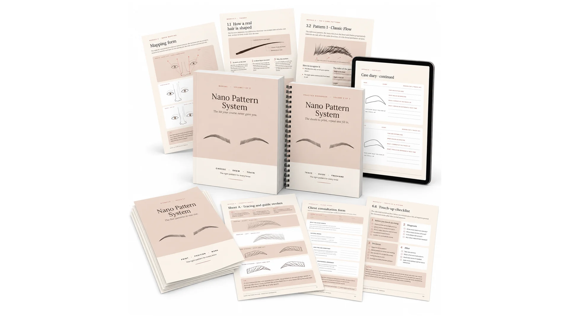 The Nano Pattern System kit: manual, practice workbook, life-size stencils, worksheets and the files on a tablet